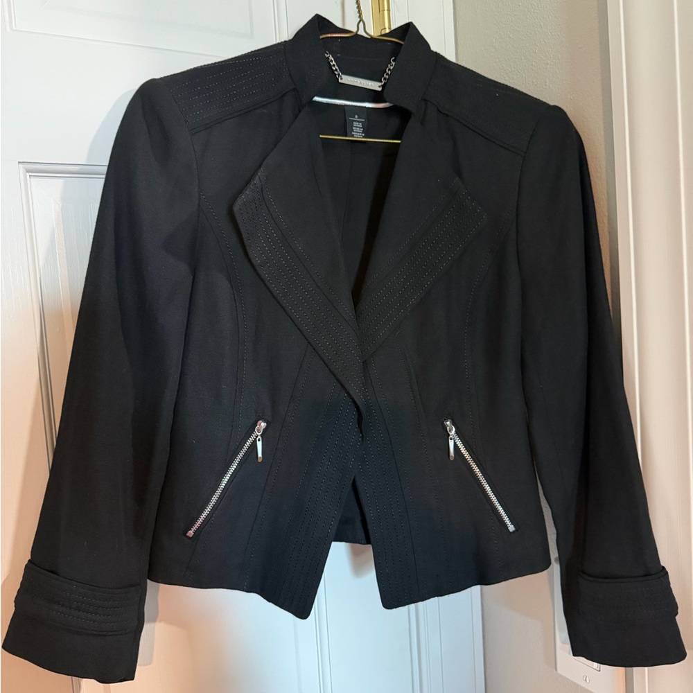 White House Black Market Black Linen Blend Moto Blazer with Silver Accents